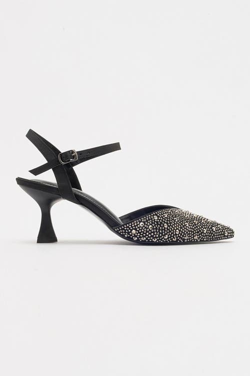 Forever & Always Shoes Vilka Embellished Slingback Kitten Heel Pumps In Black Faux Leather