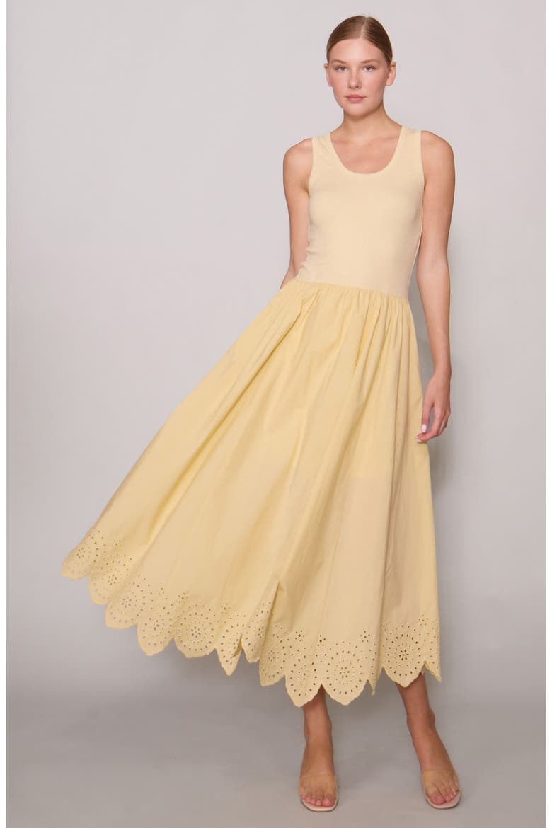 Eyelet Scallop Sleeveless Mixed Media Maxi Dress, Alternate, color, BUTTER YELLOW