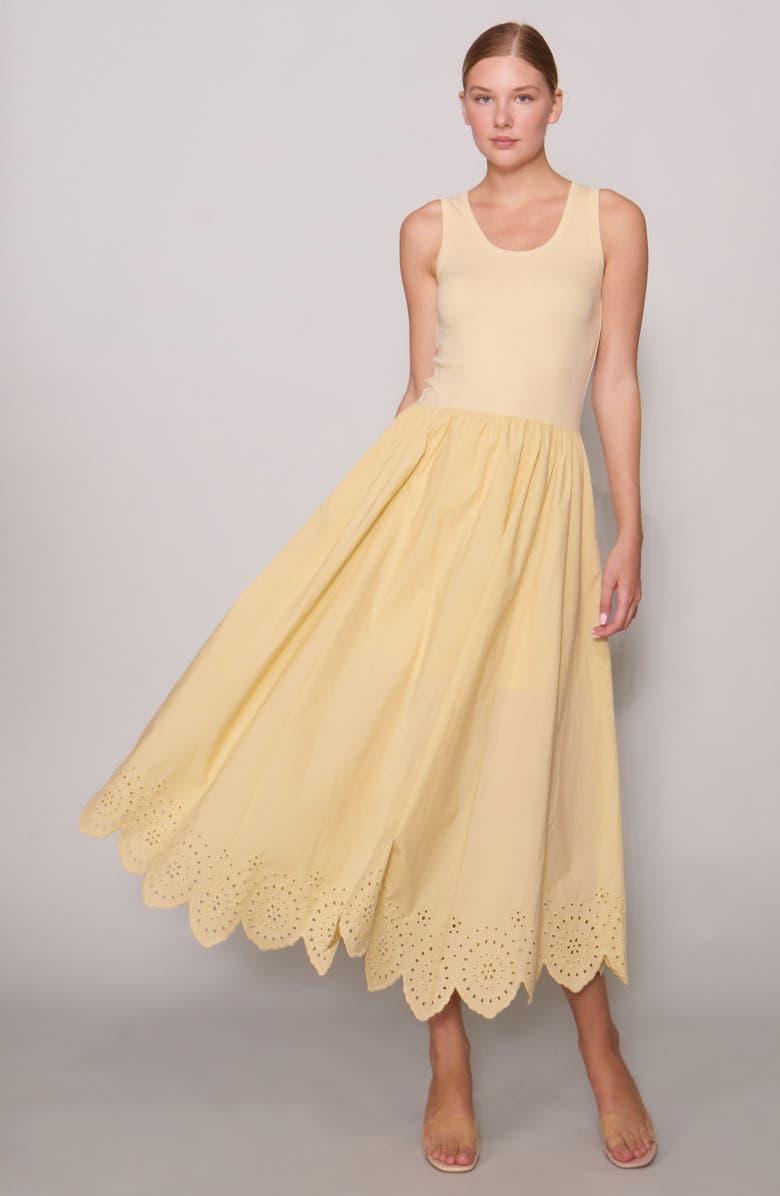 MELLODAY Eyelet Scallop Sleeveless Mixed Media Maxi Dress, Alternate, color, Butter Yellow