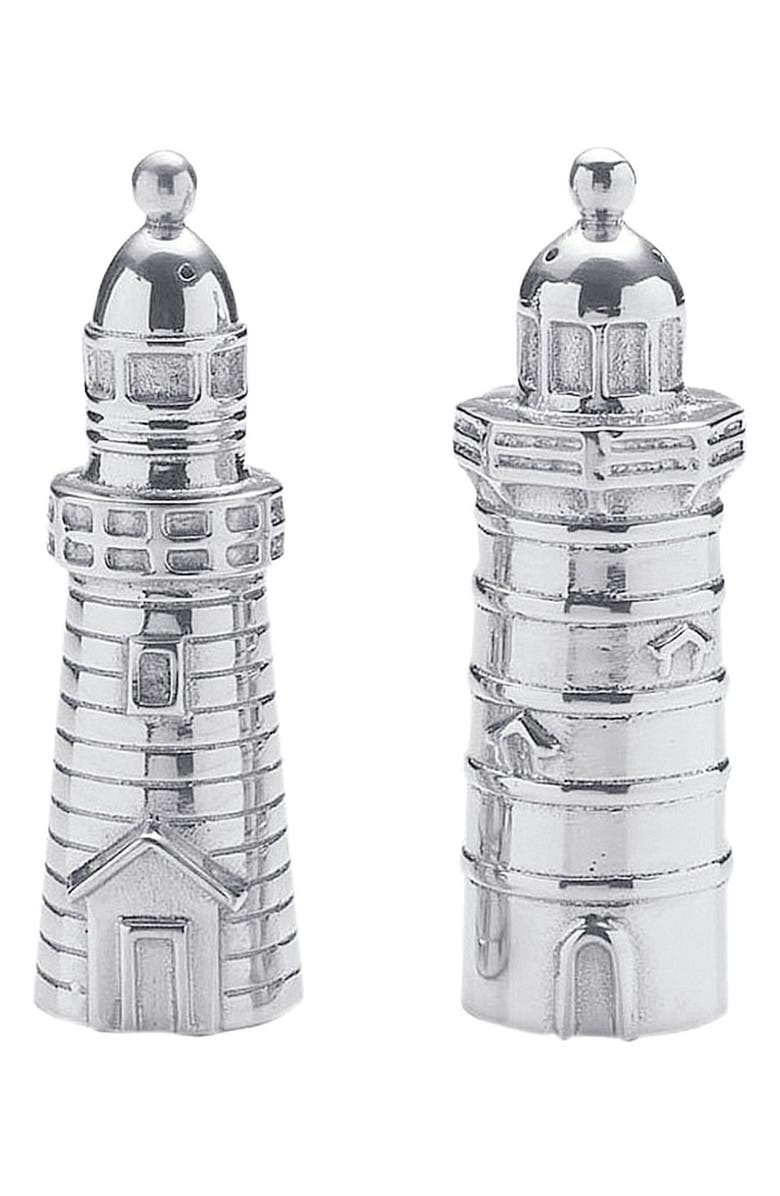 Mariposa Lighthouse Salt & Pepper Shakers Set, Main, color, Silver