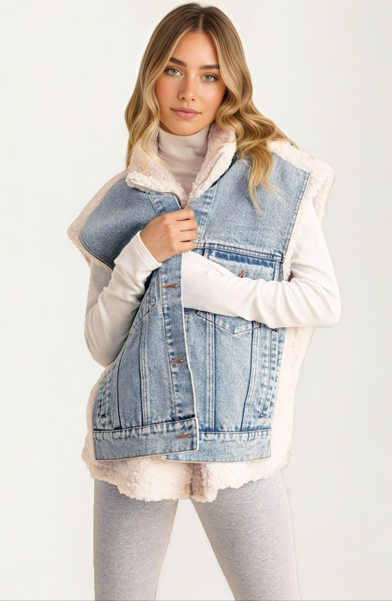 Knit and Lounge Sleeveless Denim and Fleece Snap-Pocket Vest, Main, color, 