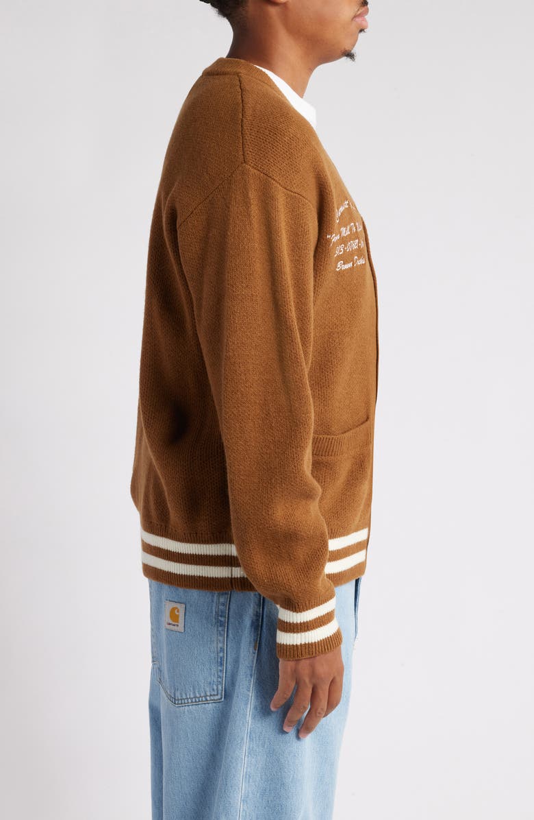 Carhartt Work In Progress Brown Ducks Embroidered Varsity Cardigan, Alternate, color, Hamilton Brown / Wax