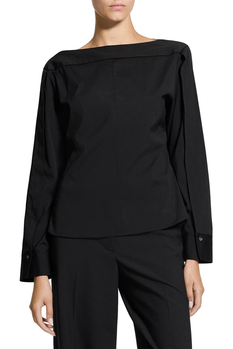 Button Sleeve Boat Neck Top, Main, color, BLACK
