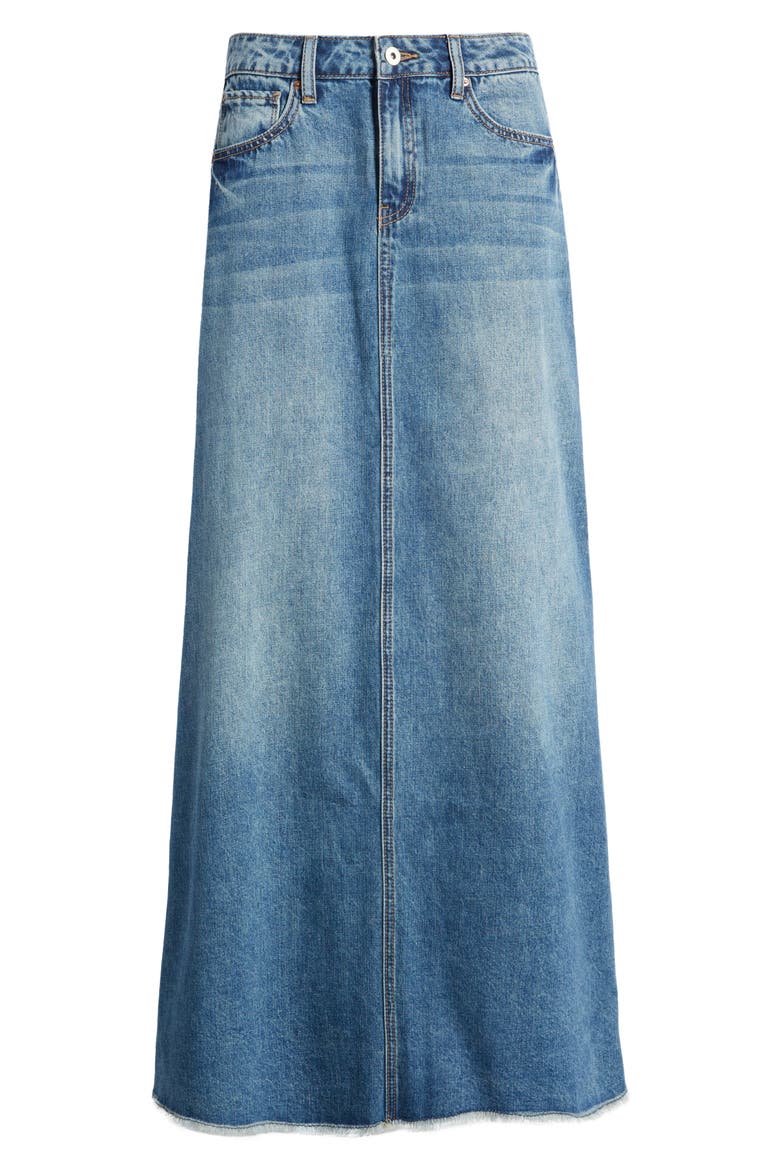 Frayed Hem Denim Maxi Skirt, Alternate, color, WASHED BLUE