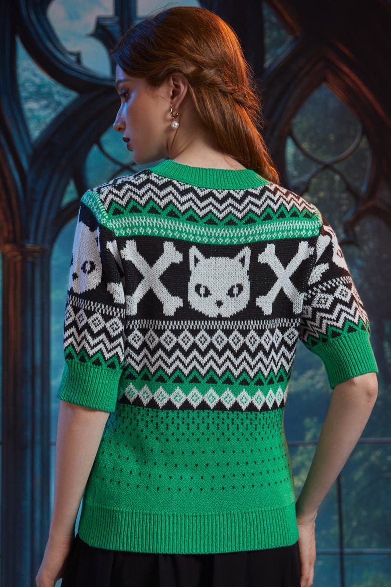 Midnight Familiar Fair Isle Halloween Cat Sweater, Alternate, color, Nine Lives