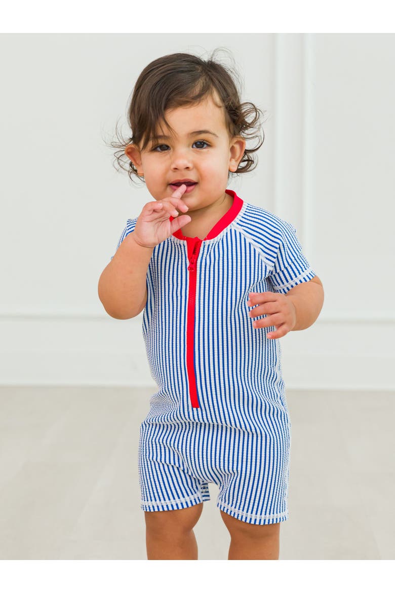 Baby Boys UPF50+ Seersucker Short Sleeve One Piece Rash Guard, Alternate, color, Blue Seersucker