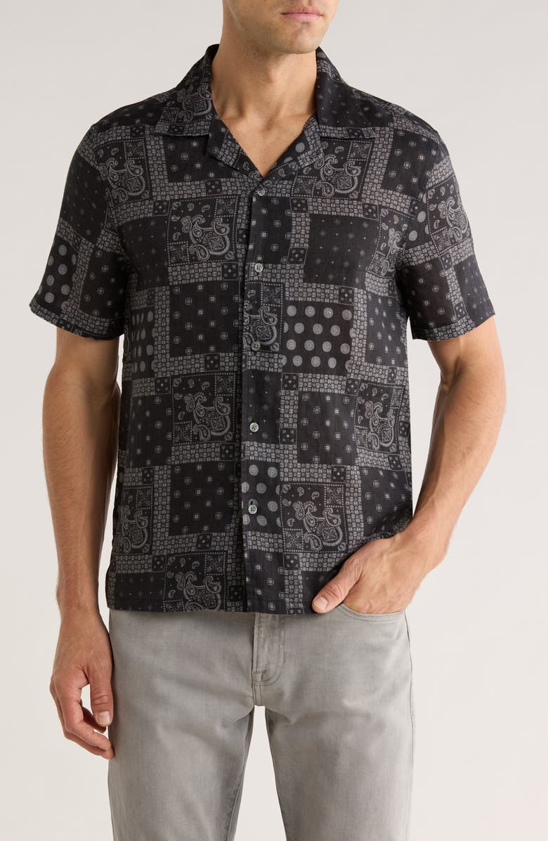 John Varvatos Dan Bandana Print Linen Camp Shirt, Main, color, Black
