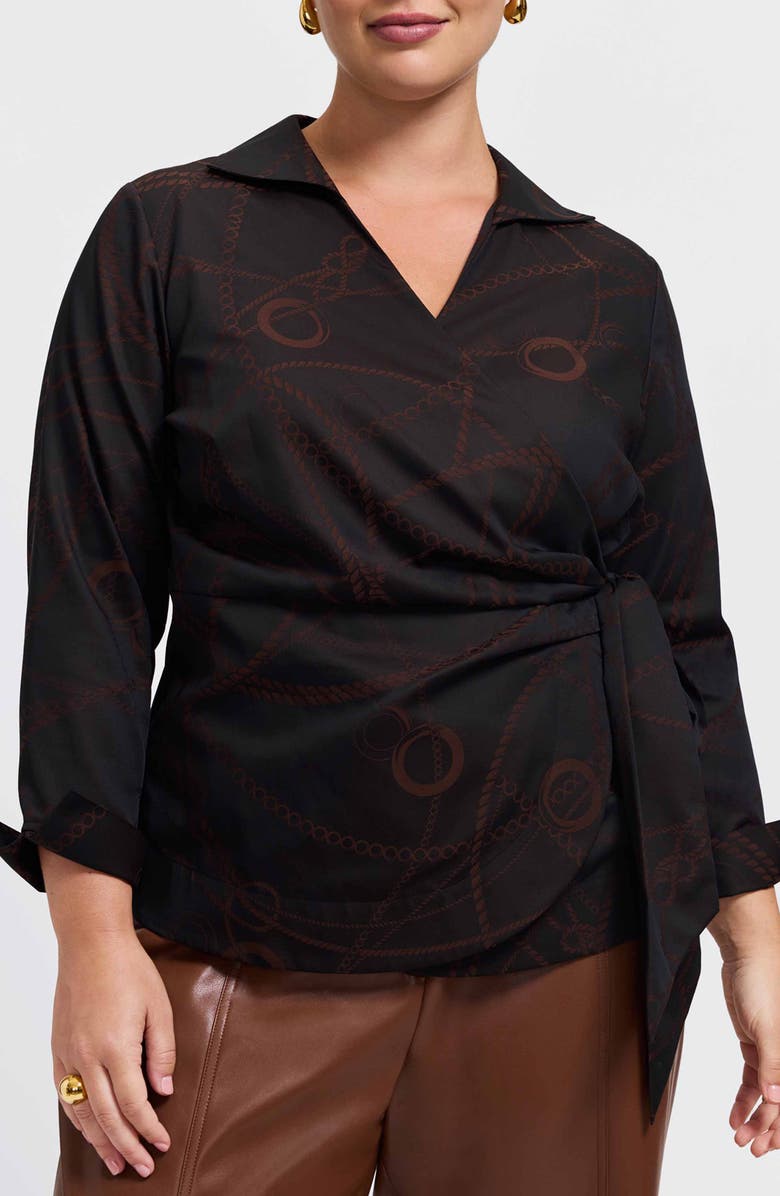 Foxcroft Salina Print Wrap Shirt, Main, color, Coffee Brown/ Black