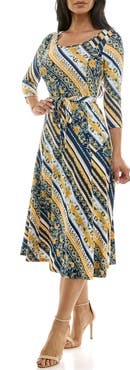 Nina Leonard Floral Stripe Three-Quarter Sleeve A-Line Dress
