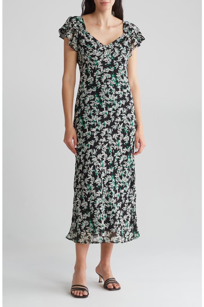 Floral Print V-Neck Maxi Dress, Main, color, BLACK
