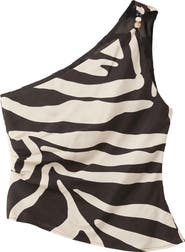 MANGO Zebra Print Beaded One Shoulder Top