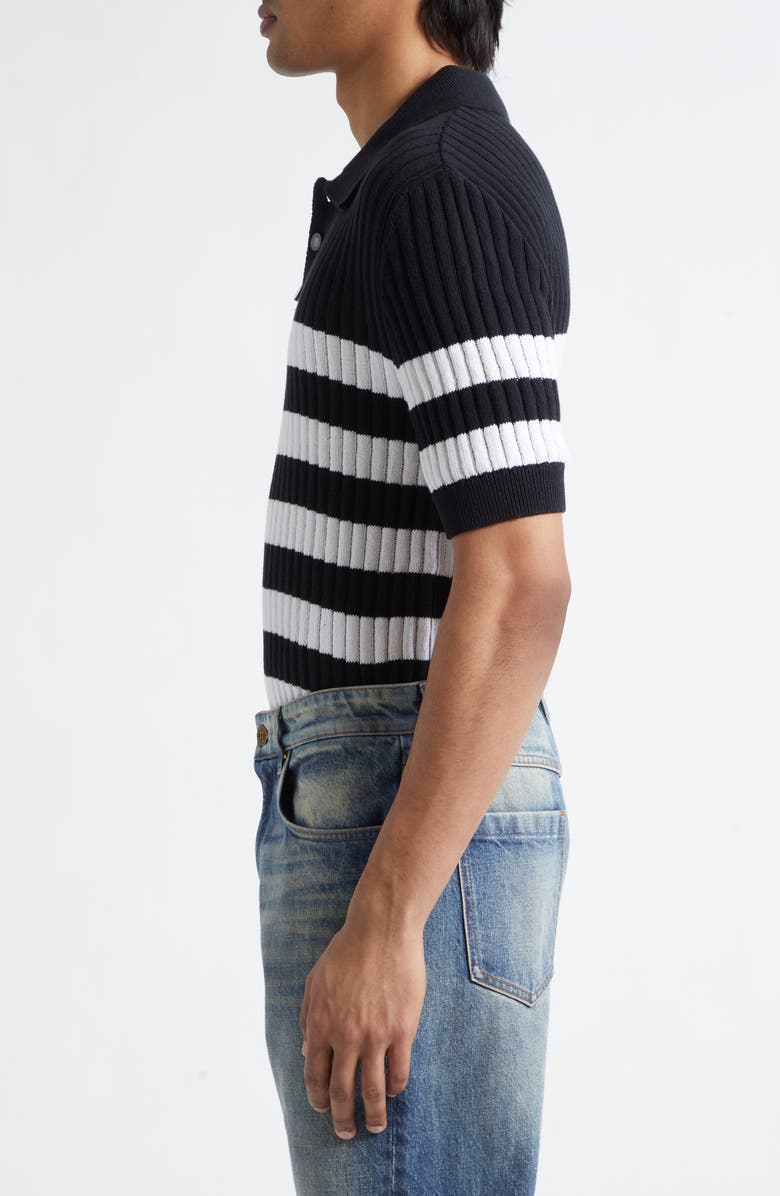 Balmain Mariner Cotton Blend Ribbed Polo Sweater, Alternate, color, Eab Blk/ White