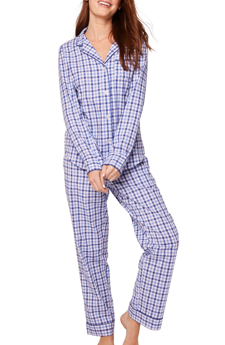Petite Plume Gingham Brushed Cotton Twill Pajamas, Main, color, Blue