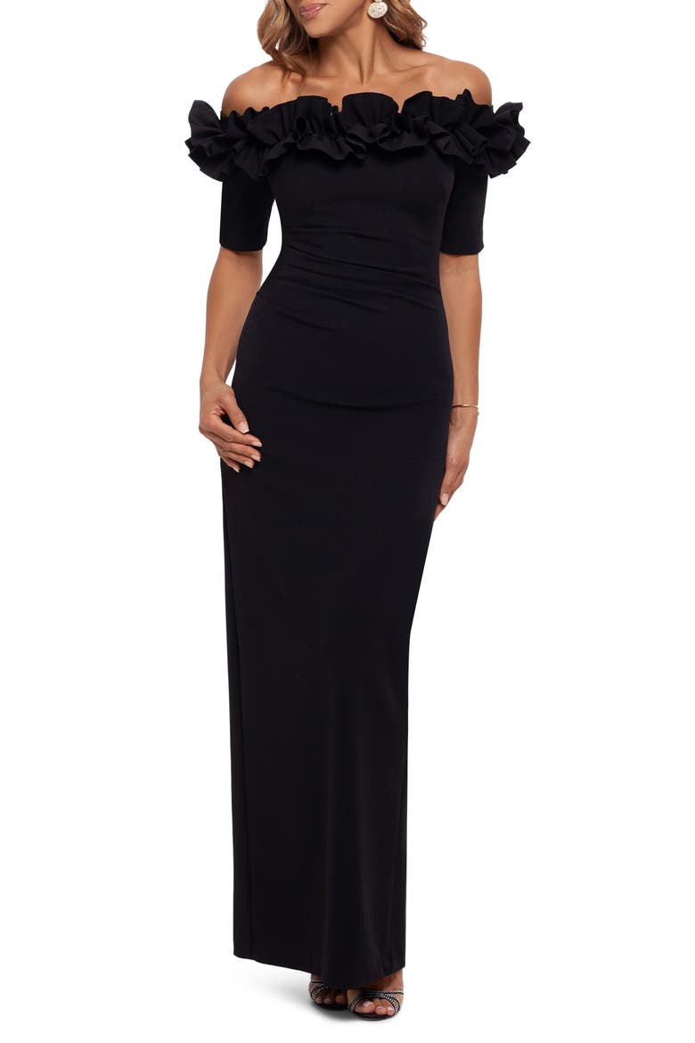 Ruffle Off the Shoulder Crepe Column Gown, Main, color, BLACK