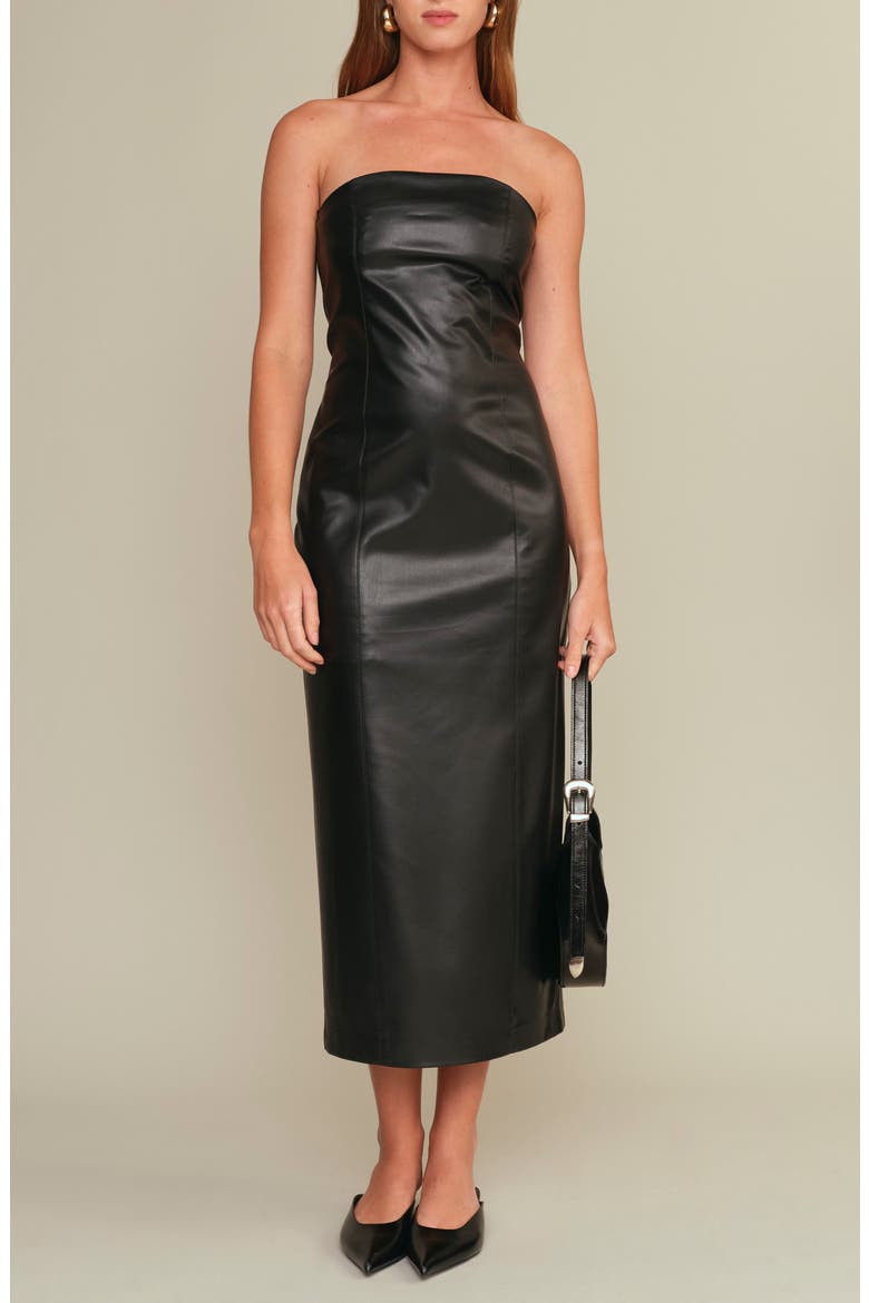 Emmet Strapless Faux Leather Dress, Main, color, BLACK