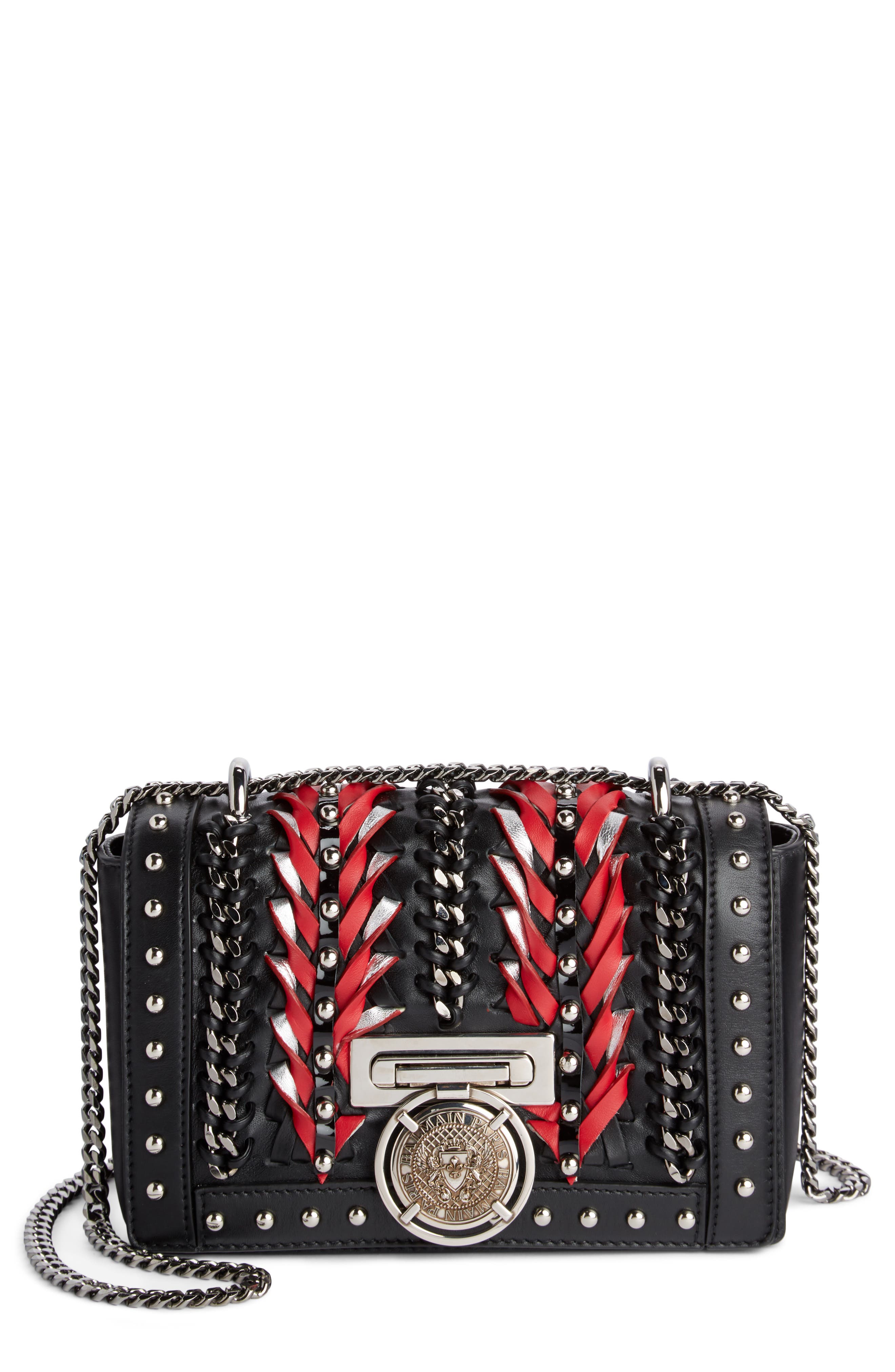Balmain Baby Box Woven Leather Shoulder Bag, Main, color, 