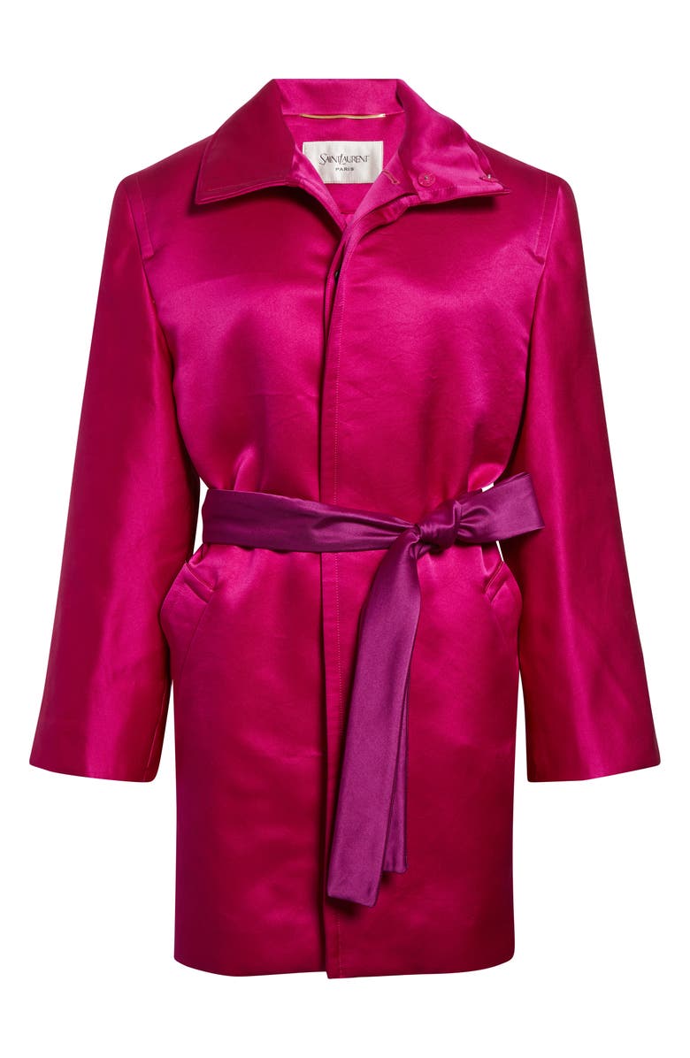 Saint Laurent Silk Satin Belted Coat, Alternate, color, Fuchsia