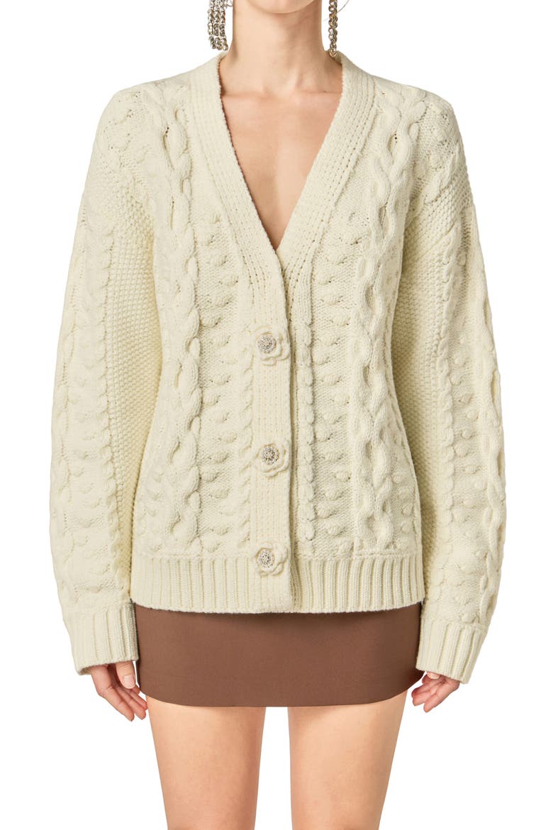 V-Neck Cable Cardigan with Floral Buttons, Alternate, color, OFF WHITE