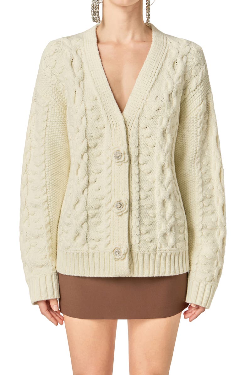 English Factory V-Neck Cable Cardigan with Floral Buttons, Alternate, color, Off White
