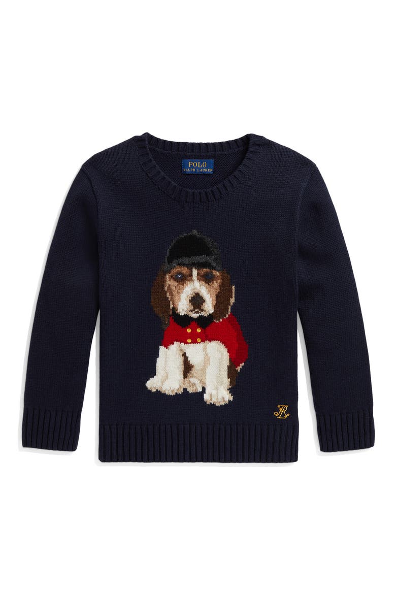 Kids' Beagle Intarsia Cotton Sweater, Main, color, RL NAVY MULTI