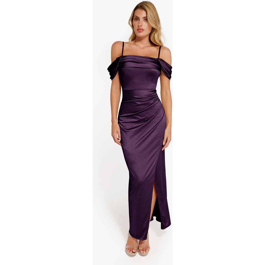 Popilush Shapewear Off Shoulder Shine Ruched Sculpting Maxi Dress In Fig