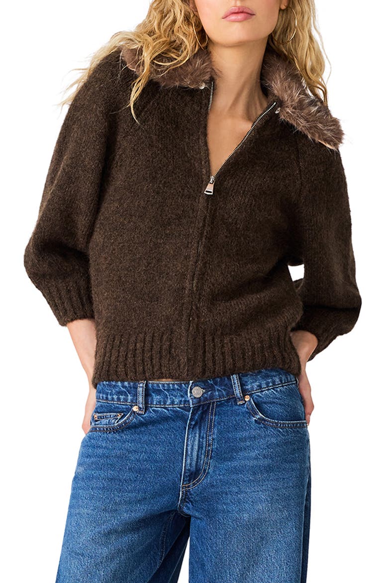 Odessa Faux Fur Collar Zip Sweater, Main, color, DARK ESPRESSO