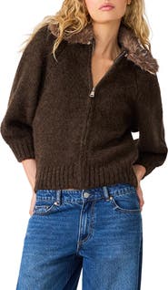 Steve Madden Odessa Faux Fur Collar Zip Sweater