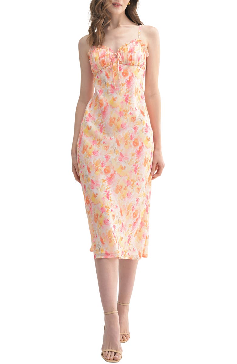 All in Favor Floral Sweetheart Neck Midi Dress, Main, color, Yellow Multi Floral
