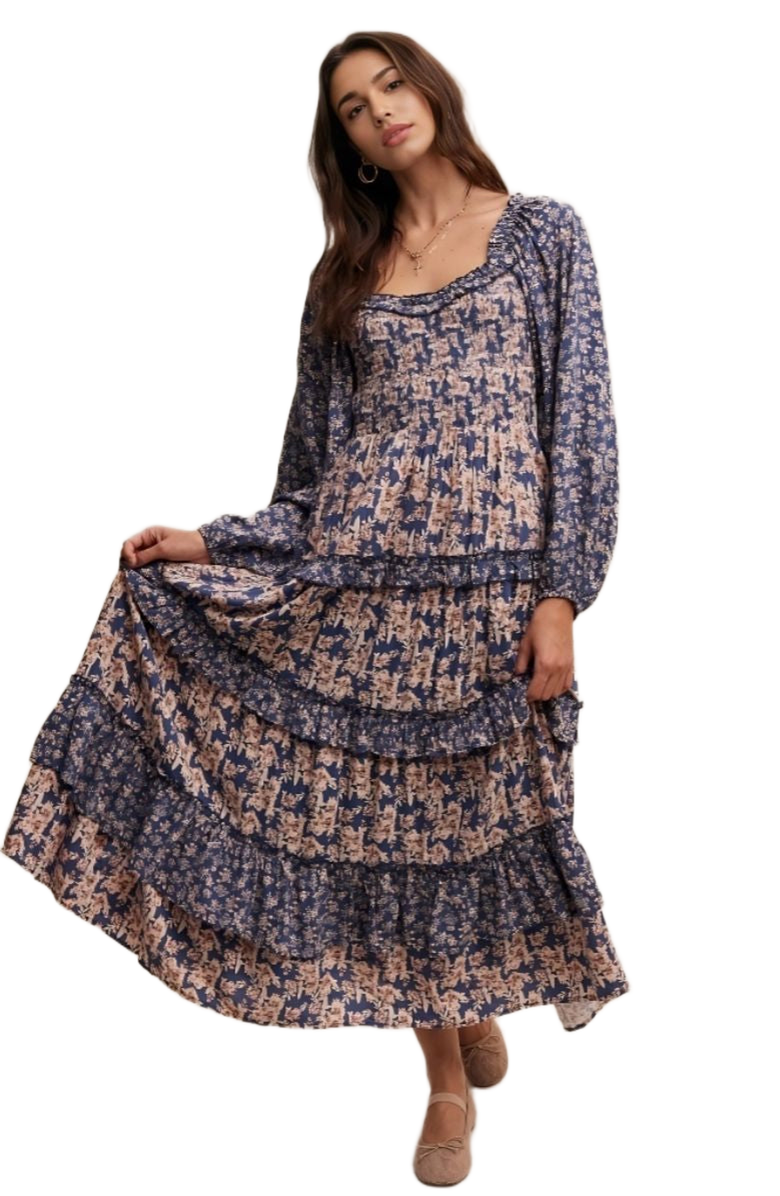 Knit and Lounge Floral Ruffle Tiered Maxi Dress, Alternate, color, Navy Blue / Light Pink Floral