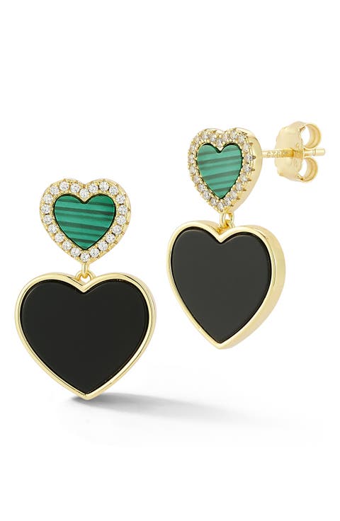 14k Gold Over Silver Malachite & Cubic Zirconia Heart Drop Earrings