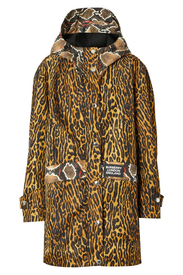 Leopard & Snake Print Twill Parka, Alternate, color, HONEY