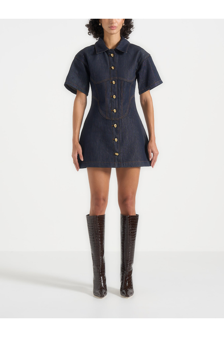 Mathilde Corset Contrast Stitch Denim Dress, Alternate, color, Indigo