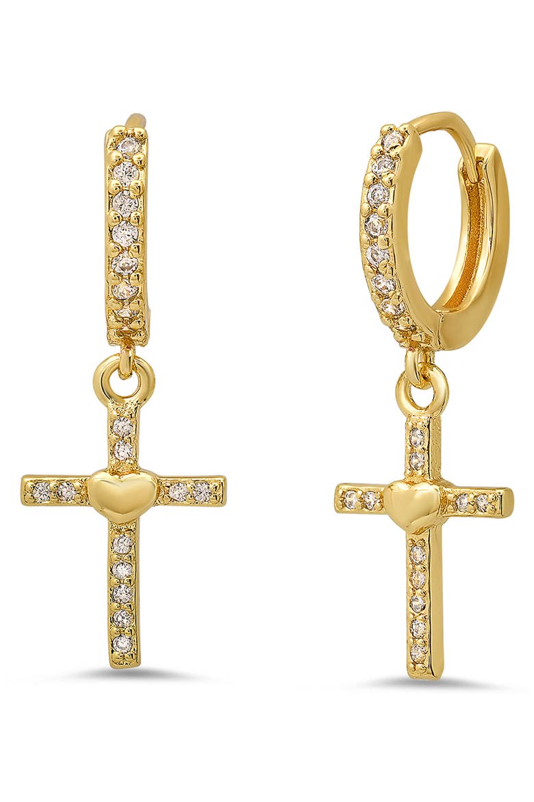18K Gold Plated Crystal Cross Drop Huggie Hoop Earrings, Main, color, GOLD
