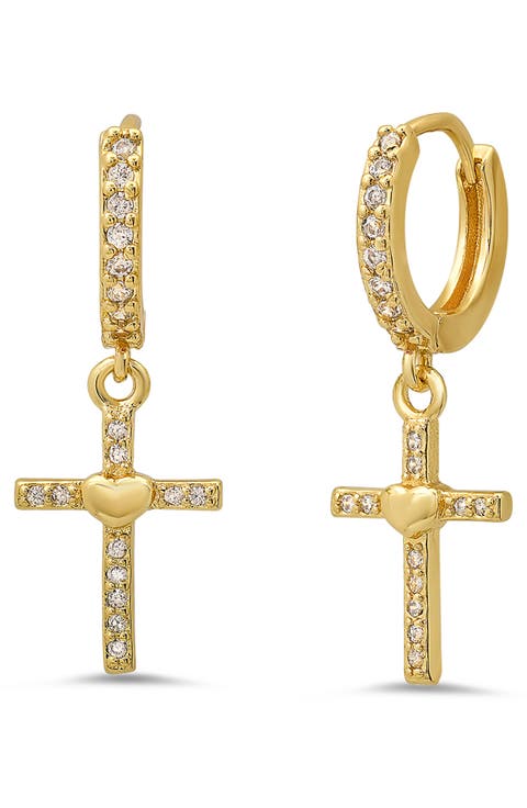 18K Gold Plated Crystal Cross Drop Huggie Hoop Earrings