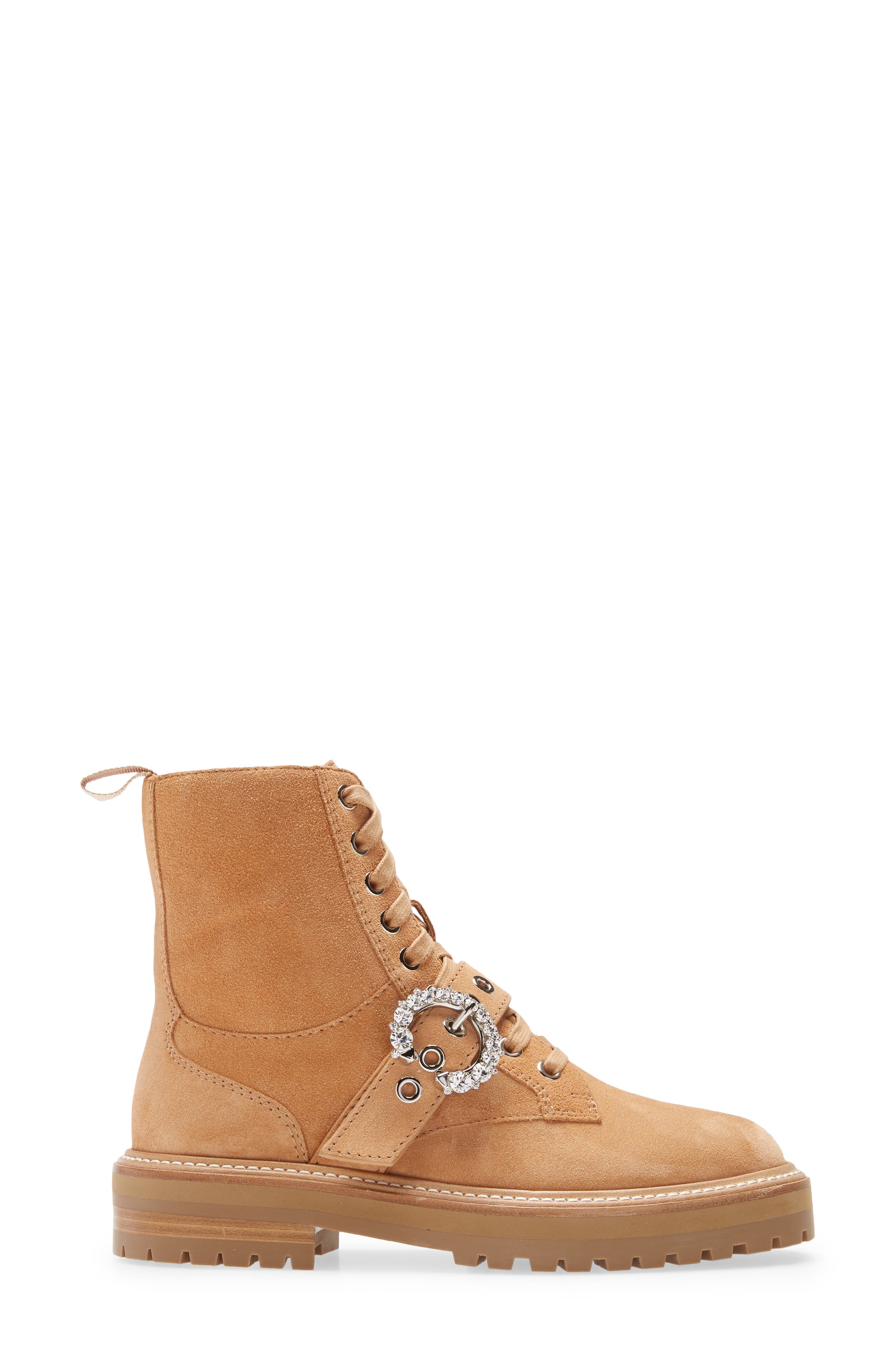 Jimmy Choo Cora Crystal Buckle Combat Boot, Alternate, color, Caramel/ Crystal