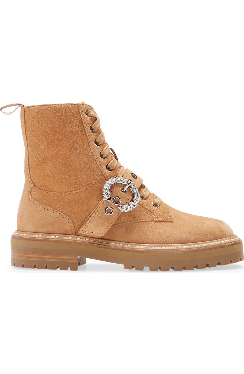 Jimmy Choo Cora Crystal Buckle Combat Boot, Alternate, color, Caramel/ Crystal