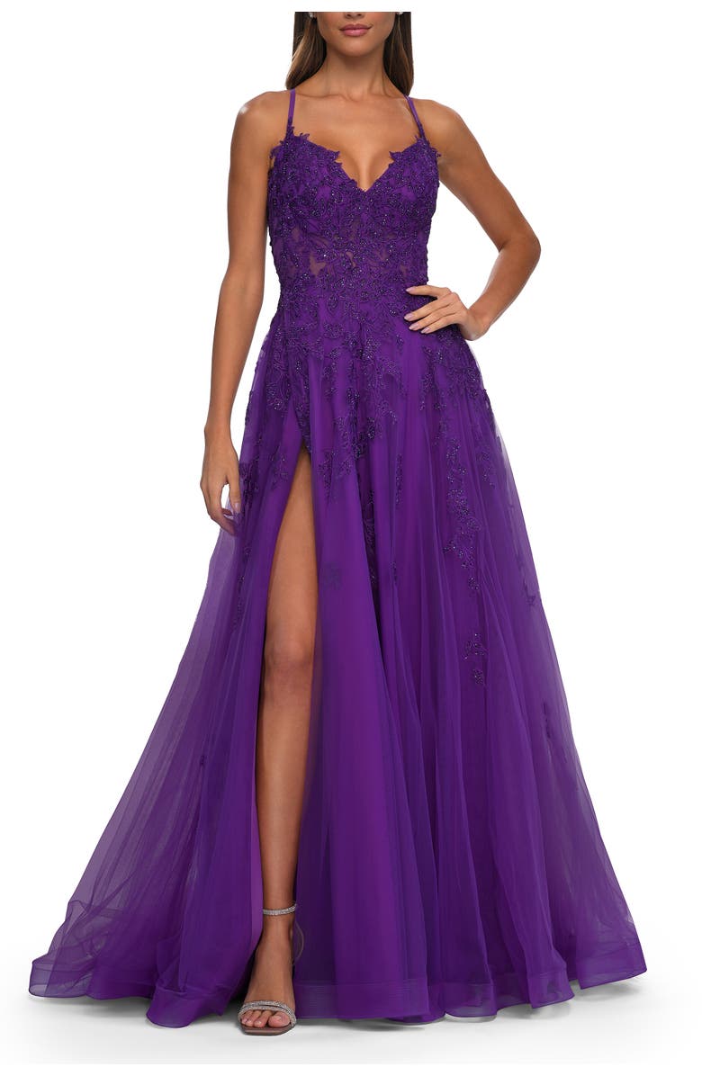 La Femme A-Line Tulle Prom Dress with Lace Applique Sheer Bodice, Alternate, color, Royal Purple