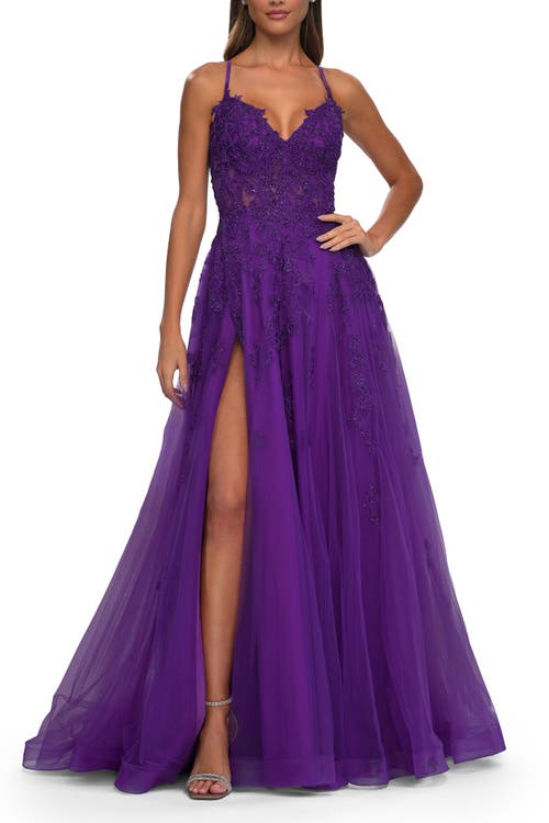 La Femme A-line Tulle Prom Dress With Lace Applique Sheer Bodice In Royal Purple