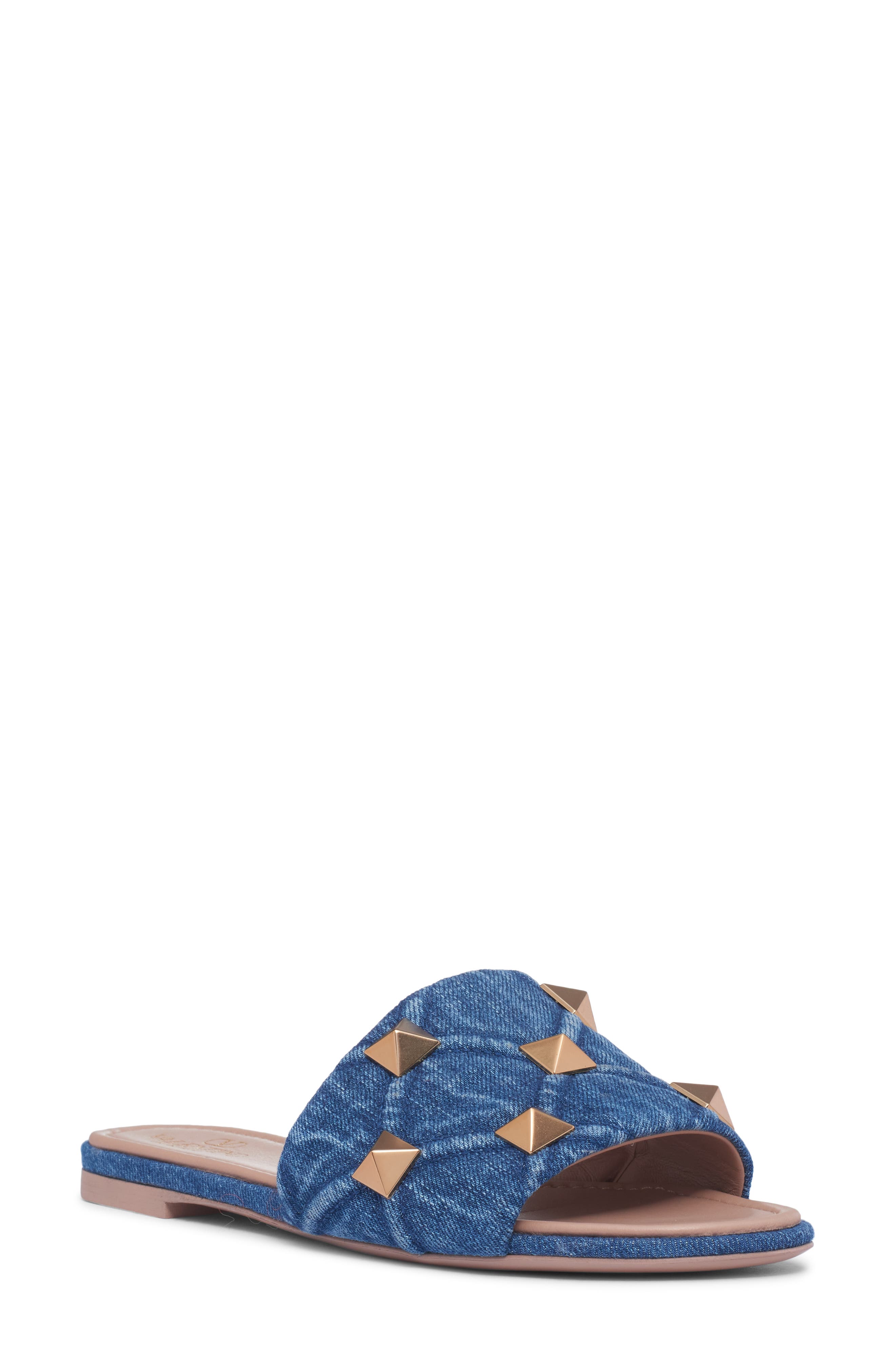 Valentino Garavani Roman Stud Matelassé Denim Slide Sandal, Main, color, 