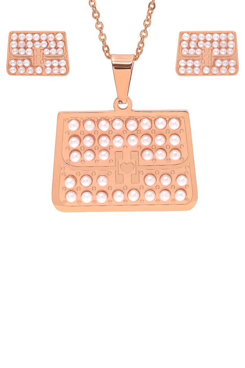 18k Rose Gold Plated Imitation Pearl Necklace & Earrings Set, Main, color, ROSE GOLD
