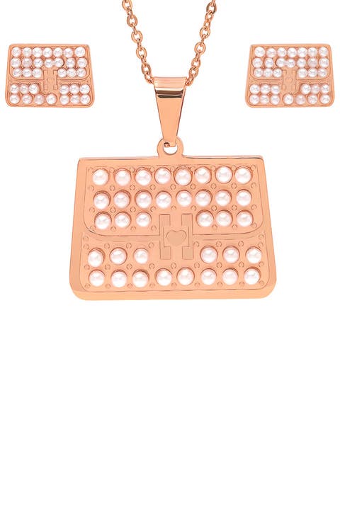 18k Rose Gold Plated Imitation Pearl Necklace & Earrings Set