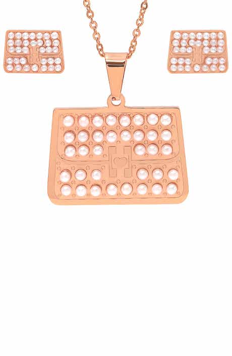 18k Rose Gold Plated Imitation Pearl Necklace & Earrings Set