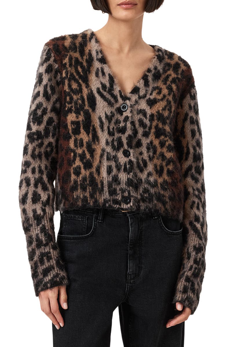 AllSaints Wick Lex Leopard Jacquard Cardigan, Main, color, Leopard Brown