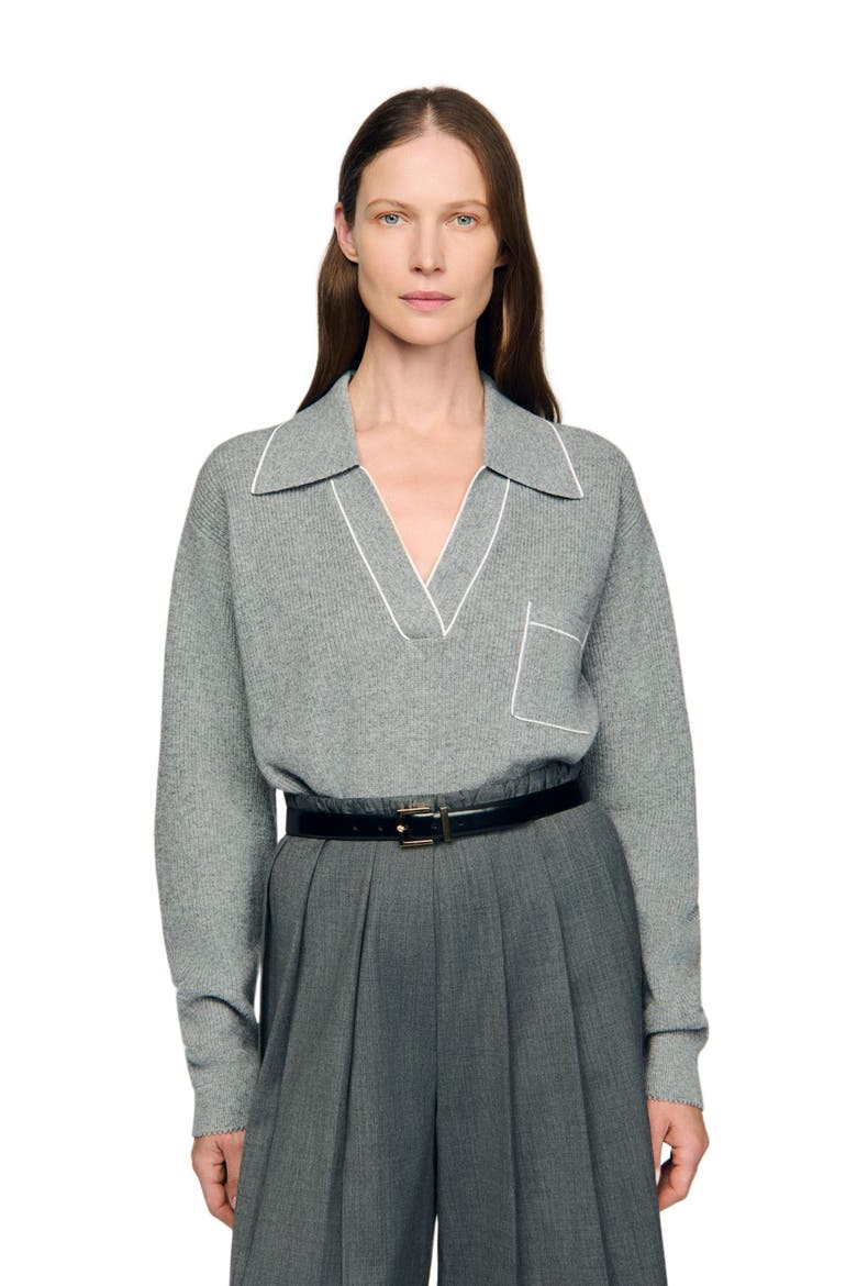 Open polo-collar neck sweater, Main, color, Grey