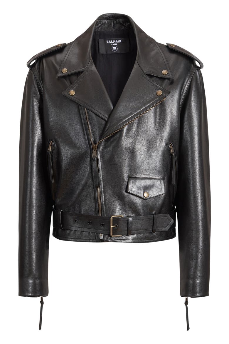 Textured leather biker jacket, Alternate, color, black