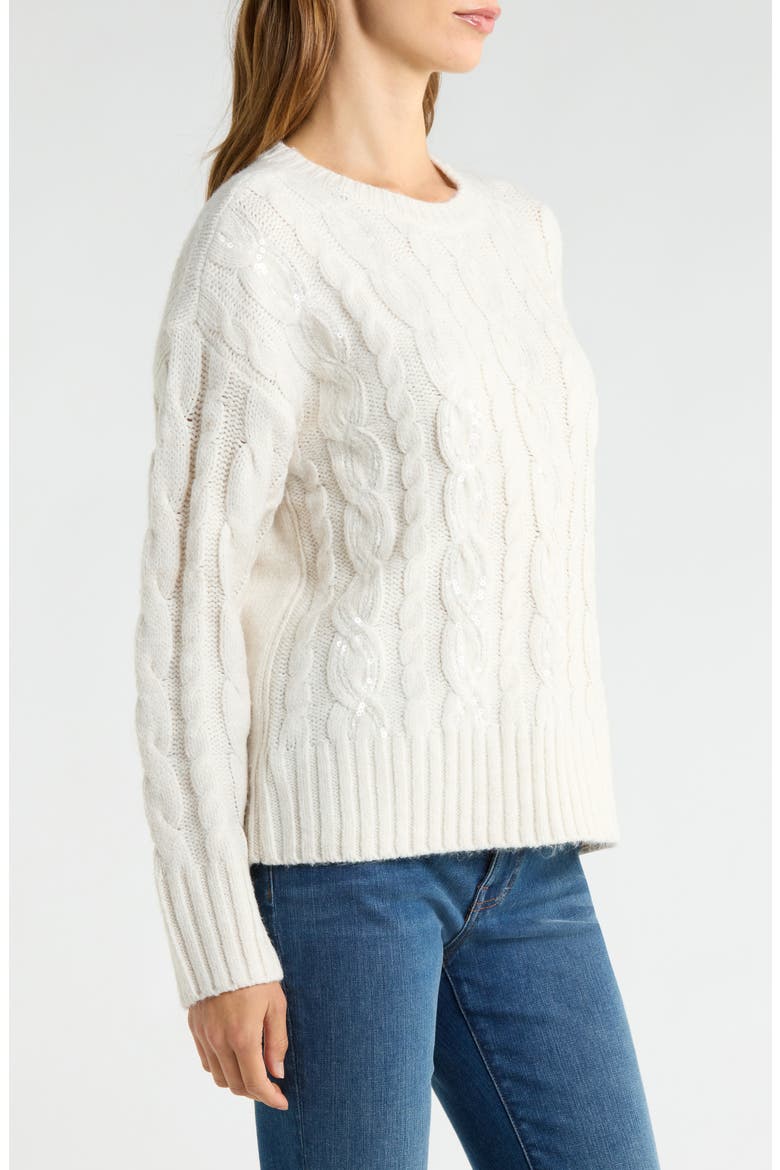 Sequin Cable Sweater, Alternate, color, IVORY HEATHER