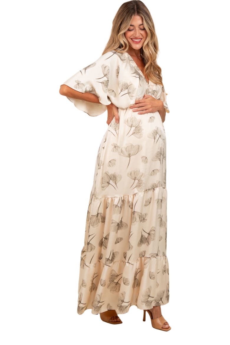 Floral Deep V-Neck Maxi Dress, Alternate, color, Cream