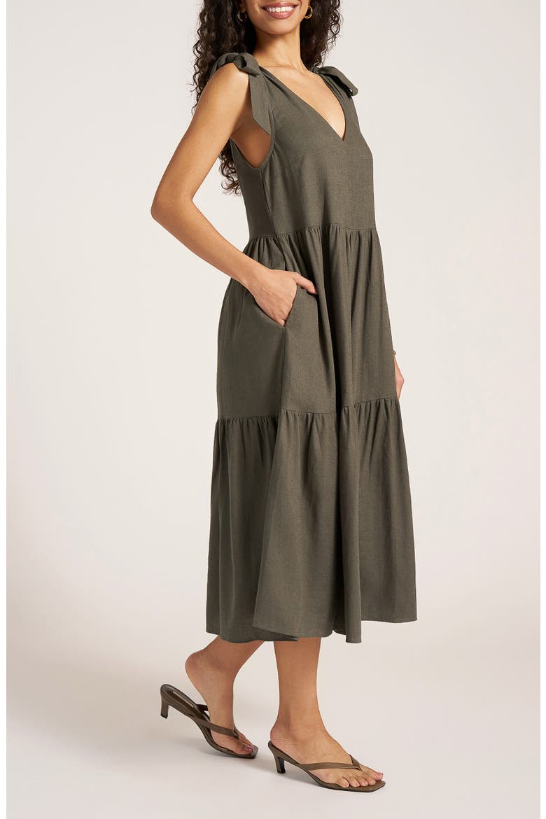 Louisa Shoulder Tie Linen Blend Sundress, Alternate, color, DARK OLIVE