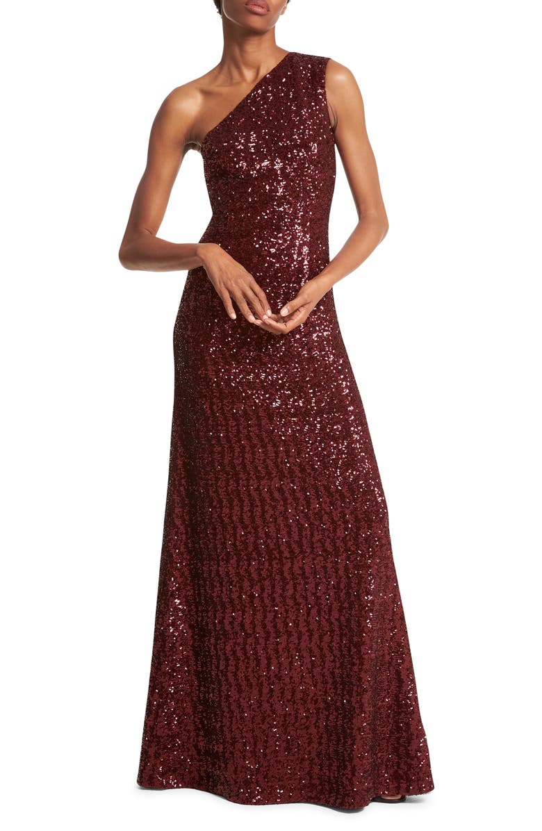 Michael Kors Collection Sequin One Shoulder A-Line Gown, Main, color, Merlot