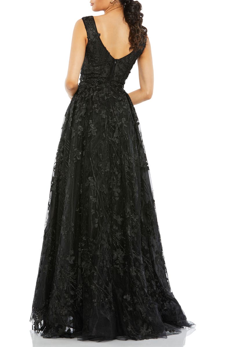 Mac Duggal Floral Embroidered Illusion V-Neck A Line Gown, Alternate, color, Black